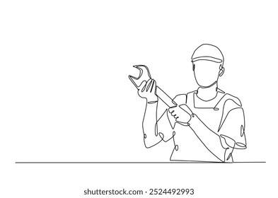 Man holding monkey wrench in continuous one line drawing. construction worker single line art illustration. Editable vector.