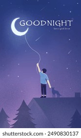 A man holding a moon balloon good night poster