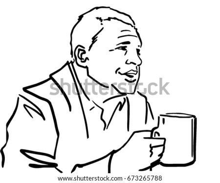the man is holding a mug in his hand, black and white vector sketch, simple drawing, side view