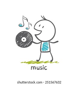 man holding a musical vinyl record  illustration