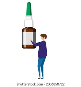 man holding nasal drops and spray to ease breathing during allergy and illness. concept Otolaryngology treatment rhinitis, allergies. Vector illustration
