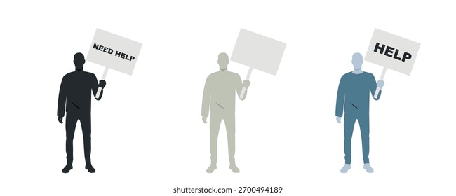 Homem segurando o banner Need Help. Conjunto de silhuetas.