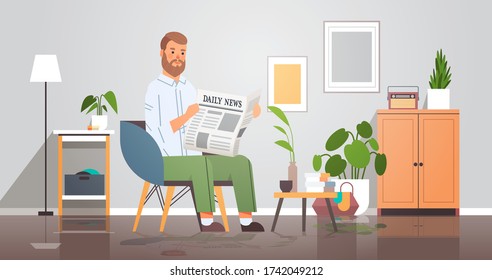 man holding newspaper reading daily news press mass media concept businessman sitting on armchair living room interior horizontal full length vector illustration