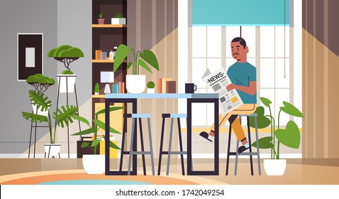 man holding newspaper reading daily news press mass media concept african american guy sitting at table living room interior horizontal full length vector illustration