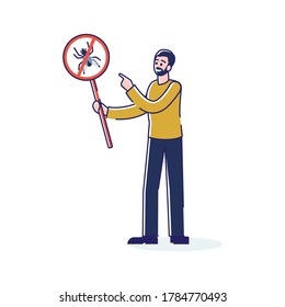 Man holding no insects sign. Pest protection and prevention concept. Insecticide and chemical repellents remedies from mosquitos and cockroach. Cartoon linear vector illustration