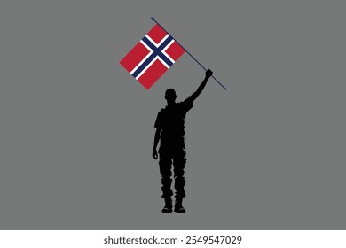 Um homem segurando uma bandeira da Noruega, bandeira da Noruega gráfico vetorial, bandeira do país da Noruega é um símbolo de liberdade, bandeira da Noruega Nacional, ilustração vetorial
