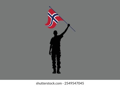 Um homem segurando uma bandeira da Noruega, bandeira da Noruega gráfico vetorial, bandeira do país da Noruega é um símbolo de liberdade, bandeira da Noruega Nacional, ilustração vetorial
