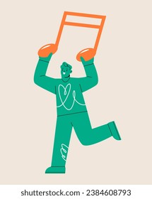 Man holding note in hands. Musical festival concert. Colorful vector illustration
