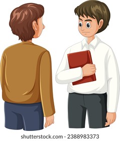 A man holding a notebook while walking past another man