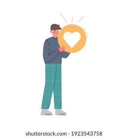 Hombre portando notificaciones como letrero, seguidor dando como expresar acuerdo o aprobación, redes sociales e ilustración vectorial