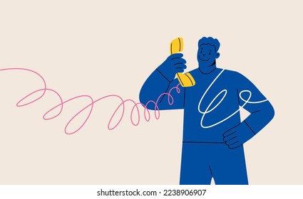 Man holding old classic analog phone handling. Colorful vector illustration