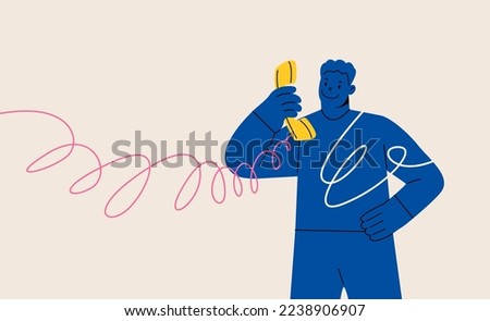 Man holding old classic analog phone handling. Colorful vector illustration