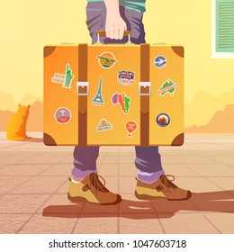 A man holding an old suitcase. Luggage of the traveler. Flat vector illustration. Time for a road trip.