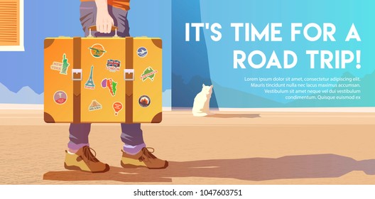 A man holding an old suitcase. Luggage of the traveler. Flat vector banner. Time for a road trip.