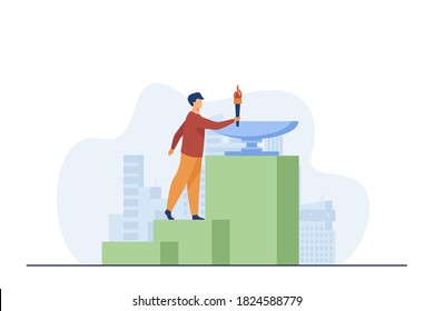 Man holding Olympic fire. Cityscape, torch, blaze flat vector illustration. Olympic games and entertainment concept for banner, website design or landing web page