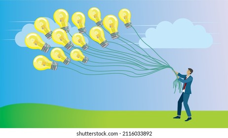 Man holding on to ideas. Vector illustration. 