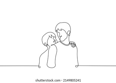 man holding to the shoulders another stands behind him   looks at him    one line drawing vector  concept playful request  flirting  asking to be carried your back