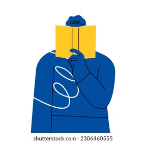 Man holding open book and reading for distance studying or self education. Colorful vector illustration
