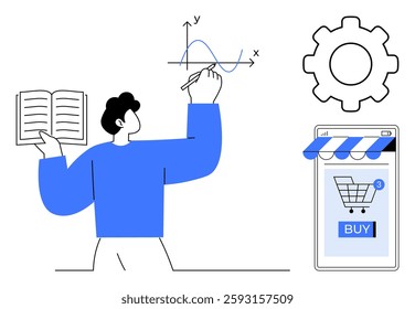 Man holding an open book and writing mathematical graph on a board with gear and online shopping interface nearby. Ideal for education, e-learning, mathematics, e-commerce, technology. Simple vector