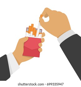 Man holding open pack of cigarettes in hand. Smoker pulls a cigarette out of the pack. Bad habits or dangers of smoking concept. Vector illustration EPS 10.