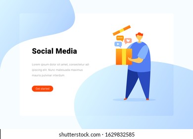 Man holding opened Box with Chat Like Video icons Flat vector illustration. Landing Page design template.