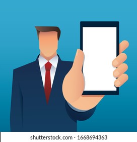 man holding out hand to show blank smartphone screen isolated vector illustration EPS10
