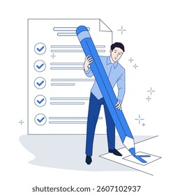 Man holding oversized pencil checking off items on a checklist, flat graphic style, white background, concept of productivity and task management. Vector illustration