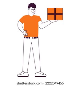 Man holding a package box.Delivery man.A postman with a box.Outline vector illustration.Isolated on white background.