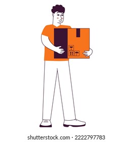 Man holding a package box.Delivery man.A postman with a box.Outline vector illustration.Isolated on white background.