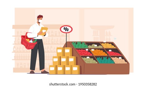 Man Holding Package in Hands Choose Products for Purchases. Customer Character Wearing Face Mask Visit Grocery or Supermarket Choose Goods and Put in Shopping Basket. Cartoon Vector Illustration