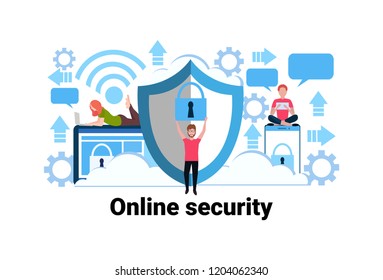 man holding padlock online security concept privacy information data protection web technology flat horizontal vector illustration