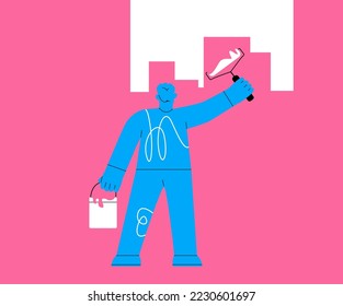 Man holding a paint roller. Decoration concept. Colorful vector illustration