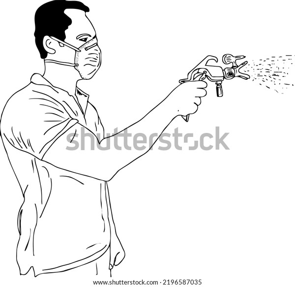 Man holding paint spray gun\
in hand line art vector illustration silhouette, paint spray gun\
sketch drawing cartoon man doodle, painting spray gun clip\
art