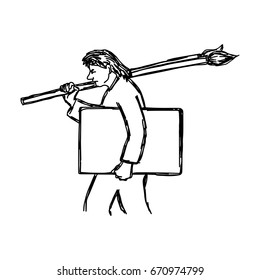 man holding paintbrush and canvas - vector illustration sketch hand drawn with black lines, isolated on white background