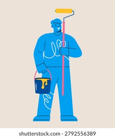 Man holding paintroller and paint bucket. Colorful vector illustration

