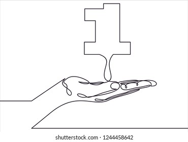 man in holding in the palm of your hands number ONE.Vector continuous line.
