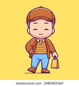 Man Holding Paper Bag Cartoon Vector Icon Illustration. Animal Holiday Icon Concept Isolated Premium Vector. Flat Cartoon Style