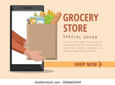 Man holding a paper bag with food. Food delivery service. Online order. Vector banner