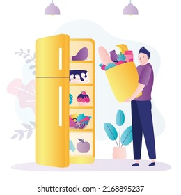 Man holding paper bag of fresh groceries from supermarket. Open refrigerator full of different food. Daily routine. Happy guy brought food to put it in fridge. Household chores. Vector illustration