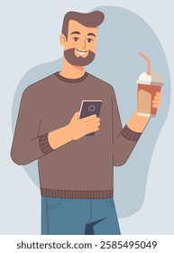 Man holding a paper coffee cup in one hand and a smartphone in the other, depicting modern multitasking. Ideal for technology and lifestyle designs, symbolizing convenience and connectivity.