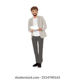 Man holding paper or document concept. Flat vector Character illustration