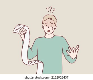 man  holding a paper feels headache and worries about paying a lot of bills. Hand drawn style vector design illustrations.