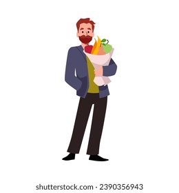 Man holding paper grocery bag full of fruits and vegetables. Customer shopper with fresh vegan nutrition. Vector illustration of character with natural healthy food, diet products