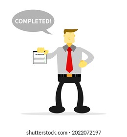 Man holding paper schedule, list, questionnaire, showing result