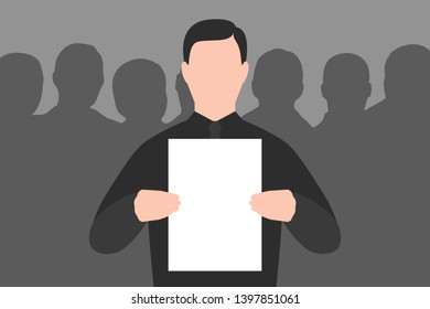 Man is holding paper sheet in his hands. Silhouettes of people are behind