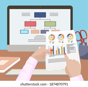 A man holding a paper sheet with a report in his hand. Business meeting in workspace. Person sitting in office at a table with computer explains statistical charts. Businessman make a financial report