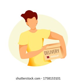 Mann, der eine Paketschachtel hält. Lieferservice, Online-Bestellung, Lieferant, Hauslieferungskonzept. Einzige Vektorgrafik.