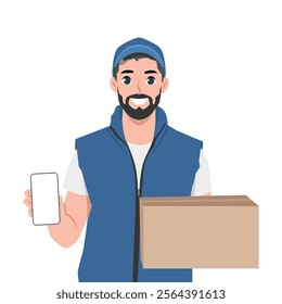 Man holding parcel box showing phone. Flat Vector character illustration