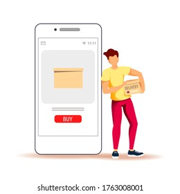 Man holding a parcel box and smartphone. Delivery services, Online order, Deliveryman, Home delivery concept. Vector illustration for poster, banner, advertising.