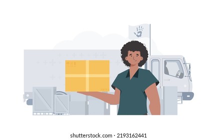 The man is holding a parcel. Camp with humanitarian aid. trendy style. Vector illustration.